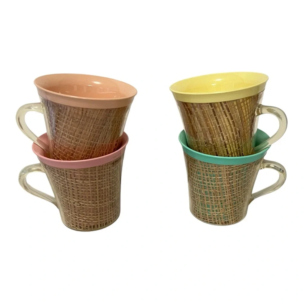 Vintage Melmac Burlap Insulated Mugs Raffia Ware Lightweight Coffee Mugs